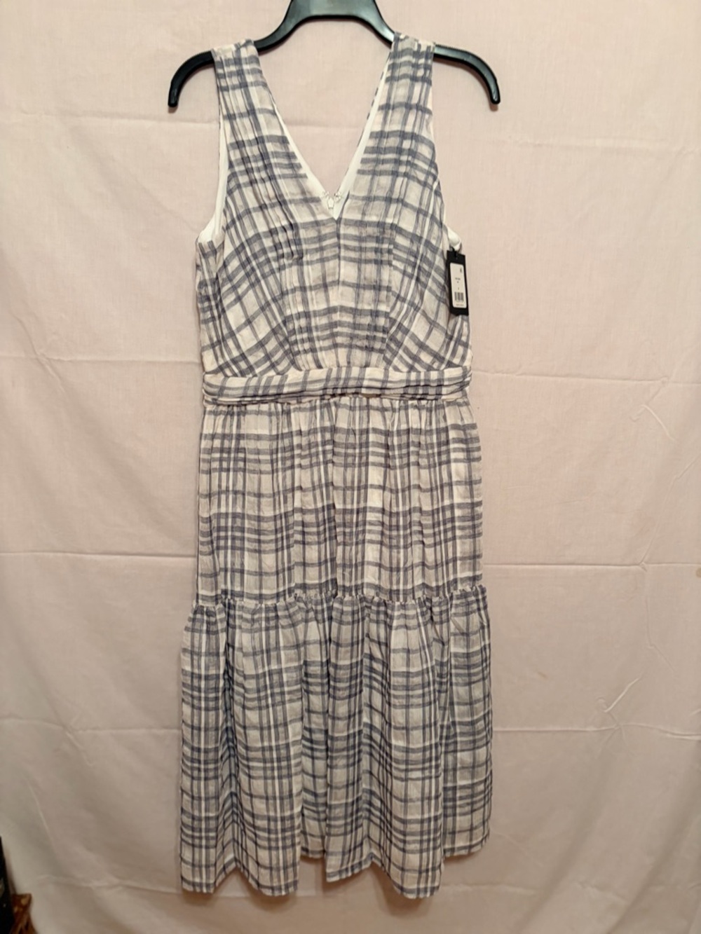 DKNY V-neck sleeveless white and checkered tiered midi dress.